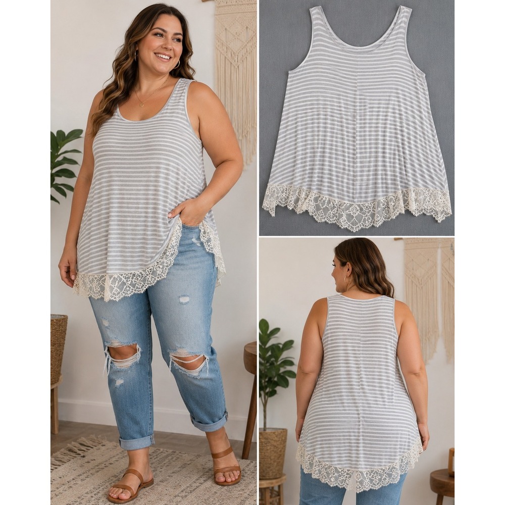 Gray & White Striped Lace Hem A.N.A Tank Top Womens 2X